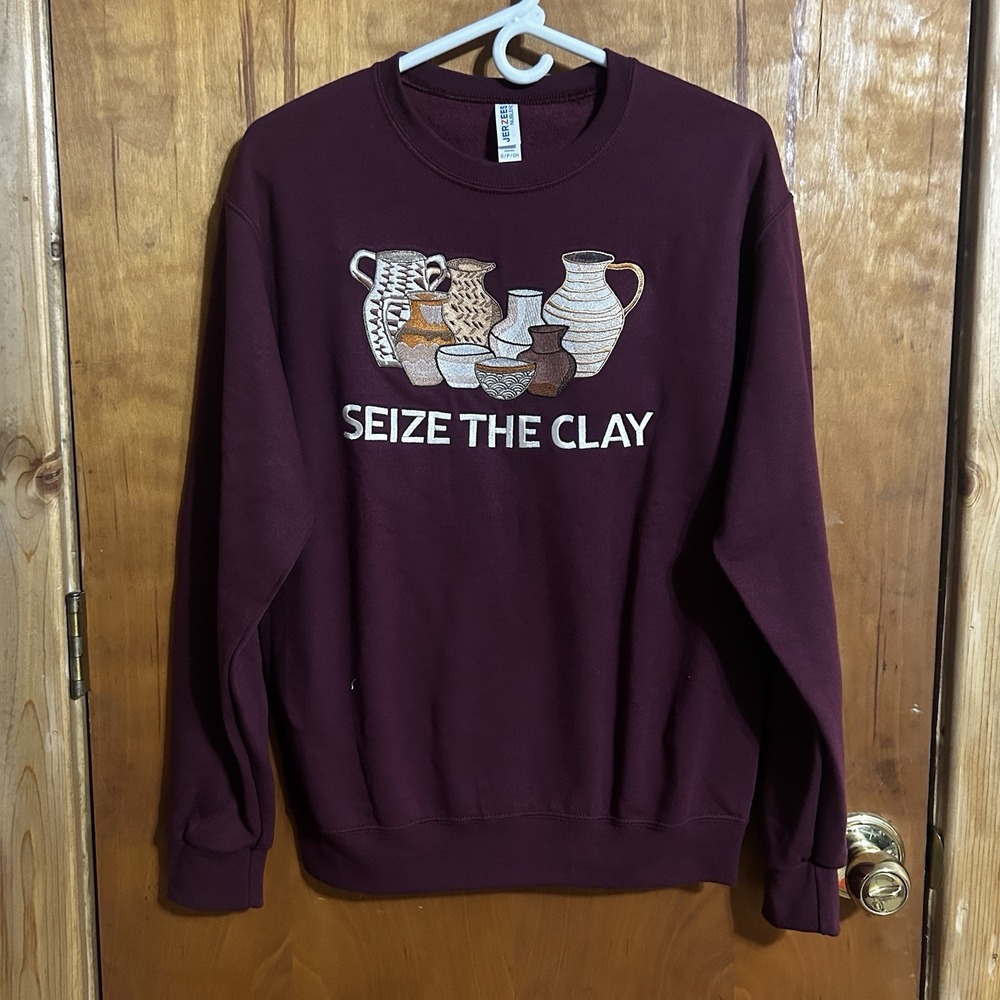 Seize The Clay Jerzees Sweatshirt Maroon Sz Small Pottery Pun